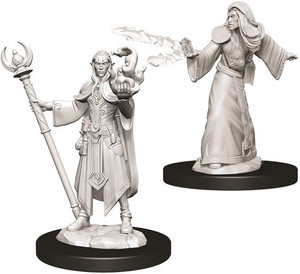 Two unpainted Mae Elf Wizard miniatures on a white background. Two unpainted Mae Elf Wizard miniatures on a white background.