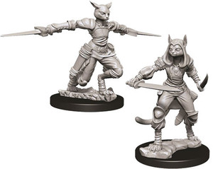 Two unpainted Female Tabaxi Rogue miniatures on a white background. Two unpainted Female Tabaxi Rogue miniatures on a white background.