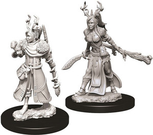 Two unpainted Female Human Druid miniatures on a white background. The one on the left has a squirrel and the on on the right is wielding a sword.