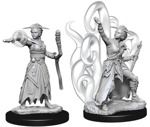 Two unpainted Female Human Warlock miniatures on a white background. The one on the left is casting a small spell and the one on the right is casting a large spell. Two unpainted Female Human Warlock miniatures on a white background. The one on the left is casting a small spell and the one on the right is casting a large spell.