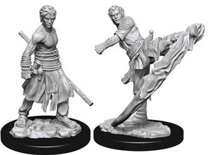 Two Male Half-Elf Monk miniatures on a white background. The one on the left is standing with a staff and the one on the right is kicking forward. Two Male Half-Elf Monk miniatures on a white background. The one on the left is standing with a staff and the one on the right is kicking forward.