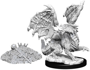 An unpainted Red Dragon Wyrmling and Tiny Treasure Horde miniature on a white background. The Red Dragon Wyrmling is breathing fire. An unpainted Red Dragon Wyrmling and Tiny Treasure Horde miniature on a white background. The Red Dragon Wyrmling is breathing fire.