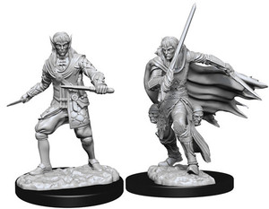 Two unpainted Male Elf Rogue miniatures on a white background. Two unpainted Male Elf Rogue miniatures on a white background.