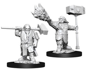 Two unpainted Male Dwarf Cleric miniatures on a white background.