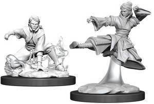 Two unpainte Female Human Monk miniatures on a white background. The one on the left is crouched on the ground and the one on the right is leaping through the air. Two unpainte Female Human Monk miniatures on a white background. The one on the left is crouched on the ground and the one on the right is leaping through the air.