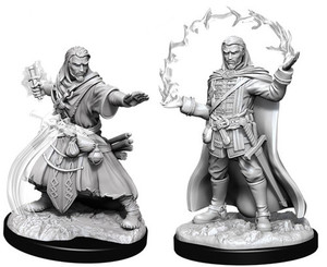 Two unpainted Male Human Wizard miniatures on a white background. The miniature on the left is holding a focus and casting a sell while the one on the right is using both hands to cast a spell.