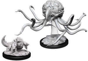 An unpainted Grell and Basilisk miniature on a white background. The Grell miniature is flying midair.
