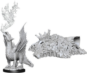 An unpainted Gold Dragon Wyrmling breathing fire and treasure pile miniature on a white background. An unpainted Gold Dragon Wyrmling breathing fire and treasure pile miniature on a white background.