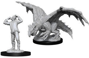 An unpainted Green Dragon Wyrmling and Afflicted Elf miniature on a white background. An unpainted Green Dragon Wyrmling and Afflicted Elf miniature on a white background.