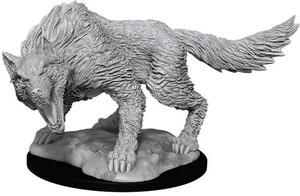 An unpainted Winter Wolf miniature on a black base with a white background.