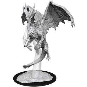 An unpainted Young Red Dragon flying and breathing fire with a white background.