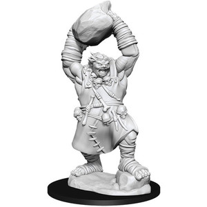 An unpainted Ogre miniature holding a boulder above its head on a white background. An unpainted Ogre miniature holding a boulder above its head on a white background.