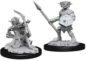 Two unpainted hobgoblin miniatures on a white background. The one on the left is wielding a bow and the one on the right is wielding a shield and spear. Two unpainted hobgoblin miniatures on a white background. The one on the left is wielding a bow and the one on the right is wielding a shield and spear.