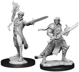 Two unpainted Male Elf Magus miniatures in varying poses with a white background. Two unpainted Male Elf Magus miniatures in varying poses with a white background.