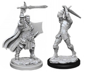 Two unpainted Male Human Paladin miniatures on a white background. The one on the left is wielding a sword and shield and the one on the right is wielding a two handed sword.