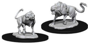 Two unpainted Leucrotta miniatures with black bases on a white background.