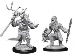 An unpainted Lizardfolk and Lizardfolk Shaman miniature on a white background. The miniature on the left is wielding a staff and the one on the right is wielding a shield and spear.