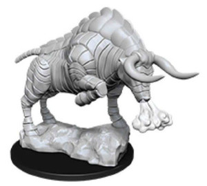 An unpainted Gorgon miniature with a puff of steam coming out of its nose on a white background. An unpainted Gorgon miniature with a puff of steam coming out of its nose on a white background.
