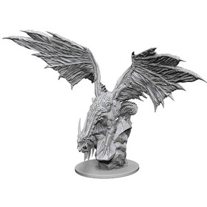 An unpainted Silver Dragon miniature perched on a rock looking down with a white background. An unpainted Silver Dragon miniature perched on a rock looking down with a white background.