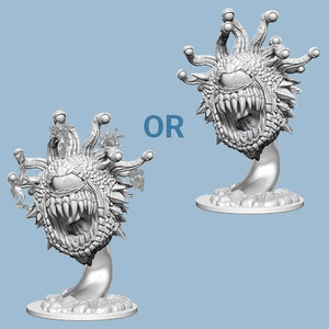An unpainted beholder miniature in two variations with different eye stalks on a light blue background.