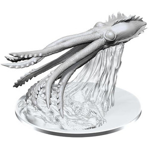 An unpainted juvenile kraken miniature swimming across a jet of water on a white background.