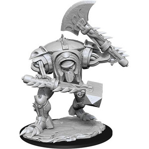 An unpainted warforged titan miniature with a hammer and axe blade at the end of its arms.