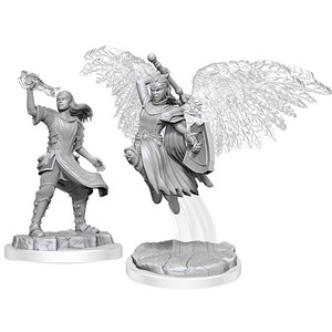 2 unpainted female Aasimar cleric miniatures. The miniature on the left is standing on the ground and the one on the right is flying through the air. 2 unpainted female Aasimar cleric miniatures. The miniature on the left is standing on the ground and the one on the right is flying through the air.