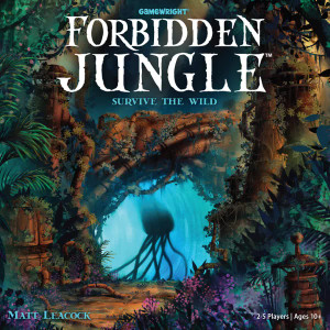 A board game titled "Forbidden Jungle" in a white times font. The art depicts a lush scene of unfamiliar plants, as they belong to an alien planet, forming an arch through which a creature with tentacle-like limbs and a bulbous body strides across a misty jungle floor. A board game titled "Forbidden Jungle" in a white times font. The art depicts a lush scene of unfamiliar plants, as they belong to an alien planet, forming an arch through which a creature with tentacle-like limbs and a bulbous body strides across a misty jungle floor.
