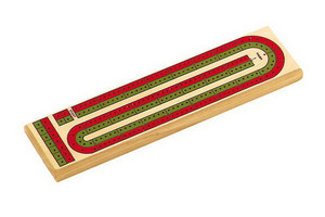 A Cribbage board, which is a long,  wooden board with a meandering track that doubles back across the face and sports holes for pegs. One track is red, and the other is green.