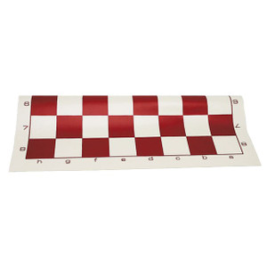 A red and white checkered vinyl chess mat with lettering on the X axis and numbers on the Y axis. A red and white checkered vinyl chess mat with lettering on the X axis and numbers on the Y axis.