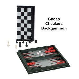 An image of a folded up chess board and a backgammon board with matching pieces.