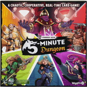 The cover for the game "5 Minute Dungeon". Six segments depicting characters in the game, five heroes and one boss at the top, each with color coded backgrounds; and the perspective points to the title at the center of the cover. The cover for the game "5 Minute Dungeon". Six segments depicting characters in the game, five heroes and one boss at the top, each with color coded backgrounds; and the perspective points to the title at the center of the cover.