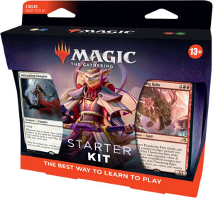 A black starter kit box with a red border on the bottom. On the left and right of the box are cutout windows displaying the notable cards from each of the preconstructed decks.