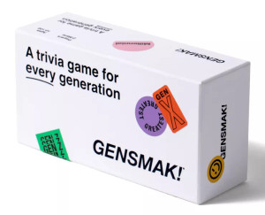 Board game box featuring game title and small sticker labels with various names for generations. On the top left of the box is the game's tagline: A trivia game for every generation.