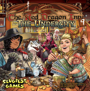 Board game box featuring game title and a depiction of the new included characters sitting at a table gambling and drinking. Board game box featuring game title and a depiction of the new included characters sitting at a table gambling and drinking.