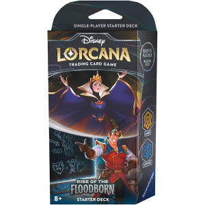 Card game box featuring art of The Evil Queen and Gaston from the Rise of the Floodborn set. On the right side of the box are the two ink colors included in the deck.