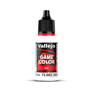 Vallejo Game Color paint bottle with product name and an image of a demon in the background. The Ink - White color of the paint is visible in the clear plastic sections. Vallejo Game Color paint bottle with product name and an image of a demon in the background. The Ink - White color of the paint is visible in the clear plastic sections.