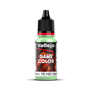 Vallejo Game Color paint bottle with product name and an image of a demon in the background. The Ghost Green color of the paint is visible in the clear plastic sections. Vallejo Game Color paint bottle with product name and an image of a demon in the background. The Ghost Green color of the paint is visible in the clear plastic sections.