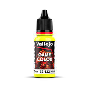 Vallejo Game Color paint bottle with product name and an image of a demon in the background. The Bile Green color of the paint is visible in the clear plastic sections.