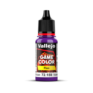 Vallejo Game Color paint bottle with product name and an image of a demon in the background. The Fluorescent Violet color of the paint is visible in the clear plastic sections. Vallejo Game Color paint bottle with product name and an image of a demon in the background. The Fluorescent Violet color of the paint is visible in the clear plastic sections.