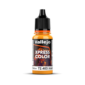 Vallejo Game Color paint bottle with product name and an image of a demon in the background. The Xpress Color - Imperial Yellow color of the paint is visible in the clear plastic sections. Vallejo Game Color paint bottle with product name and an image of a demon in the background. The Xpress Color - Imperial Yellow color of the paint is visible in the clear plastic sections.