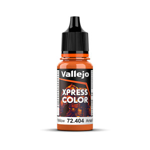 Vallejo Game Color paint bottle with product name and an image of a demon in the background. The Xpress Color - Nuclear Yellow color of the paint is visible in the clear plastic sections. Vallejo Game Color paint bottle with product name and an image of a demon in the background. The Xpress Color - Nuclear Yellow color of the paint is visible in the clear plastic sections.