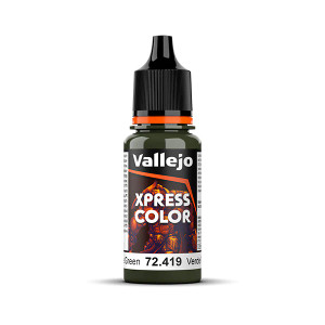 Vallejo Game Color paint bottle with product name and an image of a demon in the background. The Xpress Color - Plague Green color of the paint is visible in the clear plastic sections. Vallejo Game Color paint bottle with product name and an image of a demon in the background. The Xpress Color - Plague Green color of the paint is visible in the clear plastic sections.