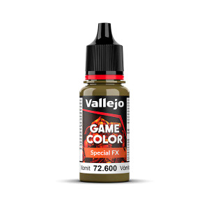 Vallejo Game Color paint bottle with product name and an image of a demon in the background. The Special FX - Vomit color of the paint is visible in the clear plastic sections. Vallejo Game Color paint bottle with product name and an image of a demon in the background. The Special FX - Vomit color of the paint is visible in the clear plastic sections.