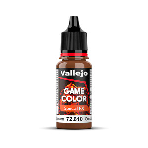 Vallejo Game Color paint bottle with product name and an image of a demon in the background. The Special FX - Galvanic Corrosion color of the paint is visible in the clear plastic sections.