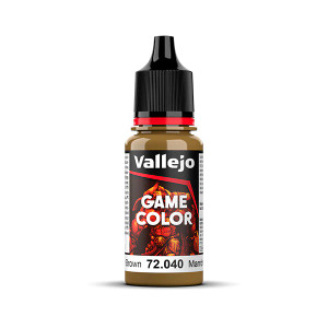 Vallejo Game Color paint bottle with product name and an image of a demon in the background. The Leather Brown color of the paint is visible in the clear plastic sections.