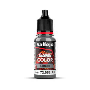 Vallejo Game Color paint bottle with product name and an image of a demon in the background. The Metalic - Silver color of the paint is visible in the clear plastic sections. Vallejo Game Color paint bottle with product name and an image of a demon in the background. The Metalic - Silver color of the paint is visible in the clear plastic sections.