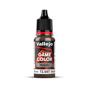 Vallejo Game Color paint bottle with product name and an image of a demon in the background. The Metalic - Bright Bronze color of the paint is visible in the clear plastic sections.