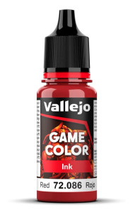 Vallejo Game Color paint bottle with product name and an image of a demon in the background. The ink-red color of the paint is visible in the clear plastic sections. Vallejo Game Color paint bottle with product name and an image of a demon in the background. The ink-red color of the paint is visible in the clear plastic sections.