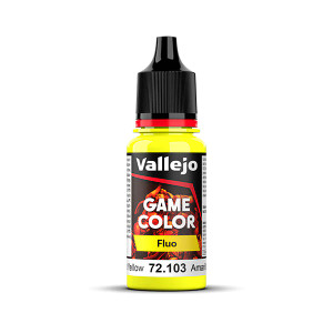 Vallejo Game Color paint bottle with product name and an image of a demon in the background. The Fluorescent Yellow color of the paint is visible in the clear plastic sections. Vallejo Game Color paint bottle with product name and an image of a demon in the background. The Fluorescent Yellow color of the paint is visible in the clear plastic sections.